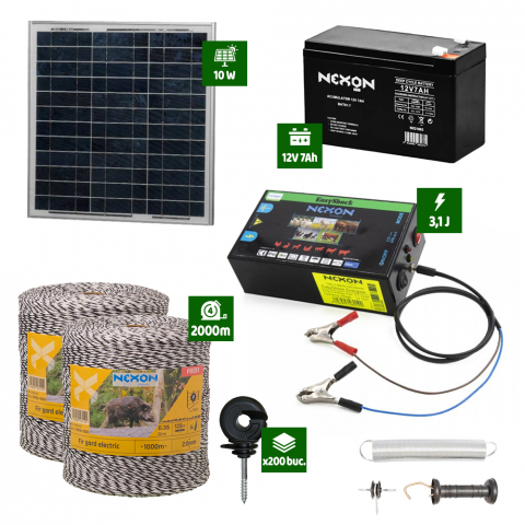 Gard Electric pentru Vaci și Oi - Pachet gard electric cu Panou solar 3,1J putere cu 2000m Fir 130Kg