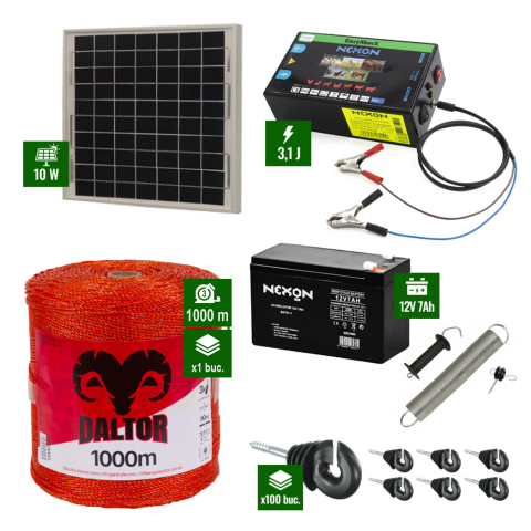 Gard electric pentru Cai, Câini, Capre, Vaci, Porci - Pachet gard electric cu Panou solar 3,1J putere și 1000m Fir 80Kg cu acumulator