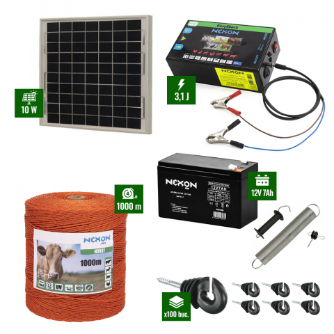 Gard Electric pentru Vaci și Oi - Pachet gard electric cu Panou solar 3,1J putere și 1000m Fir 80Kg cu acumulator