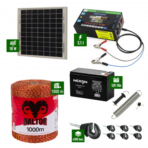 Gard Electric pentru Vaci și Oi - Pachet gard electric cu Panou solar 3,1J putere și 1000m Fir 90Kg cu acumulator