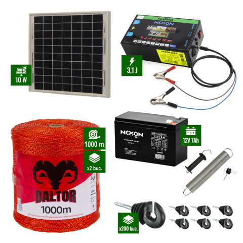 Gard electric pentru Cai, Câini, Capre, Vaci, Porci - Pachet gard electric cu Panou solar 3,1J putere și 2000m Fir 80Kg cu acumulator