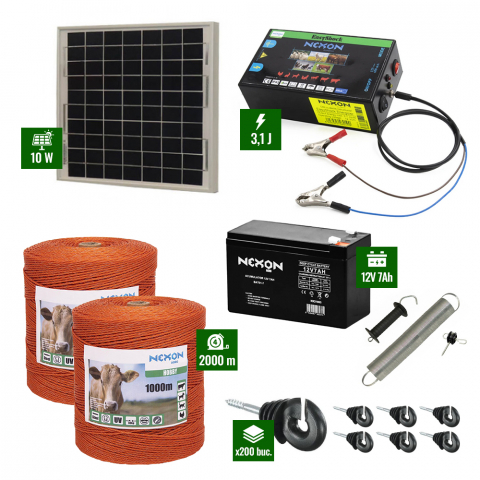 Gard Electric pentru Vaci și Oi - Pachet gard electric cu Panou solar 3,1J putere și 2000m Fir 80Kg cu acumulator