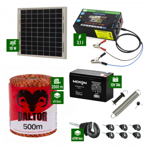 Gard Electric pentru Vaci și Oi - Pachet gard electric cu Panou solar 3,1J putere și 2500m Fir 90Kg cu acumulator