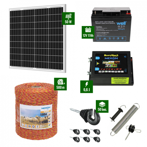 Gard Electric pentru Vaci și Oi - Pachet gard electric cu pulsator 6,6J putere și 500m Fir 90Kg plus Panou solar 50W și acumulator 17Ah