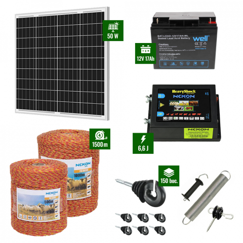 Gard Electric pentru Vaci și Oi - Pachet gard electric cu pulsator 6,6J putere și 1500m Fir 90Kg plus Panou solar 50W și acumulator 17Ah