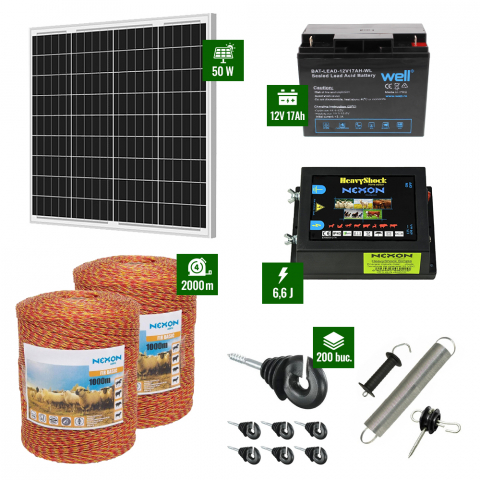 Gard Electric pentru Vaci și Oi - Pachet gard electric cu pulsator 6,6J putere și 2000m Fir 90Kg plus Panou solar 50W și acumulator 17Ah
