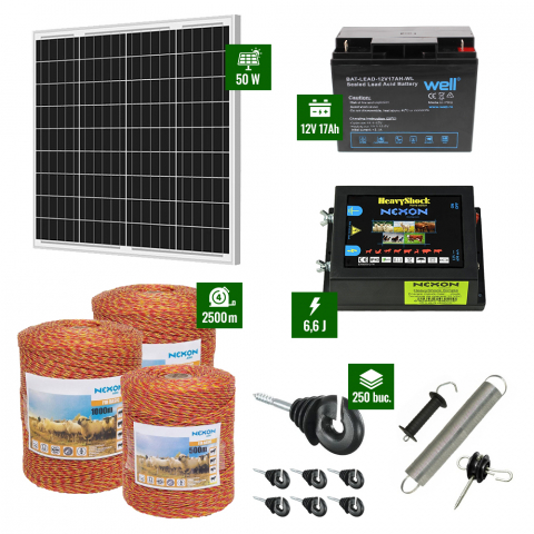 Gard Electric pentru Vaci și Oi - Pachet gard electric cu pulsator 6,6J putere și 2500m Fir 90Kg plus Panou solar 50W și acumulator 17Ah
