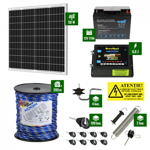 Pachete Gard electric - Pachet gard electric cu Pulsator 6,6J putere și Frânghie 200m 450Kg plus Panou solar 50W și acumulator 17Ah