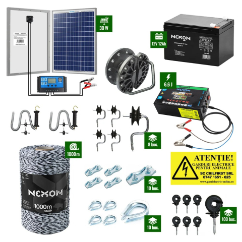 Pachete Gard electric - Pachet gard electric cu Pulsator 6,6J putere și Fir 1000m 120Kg plus Panou solar 30W și acumulator 12Ah