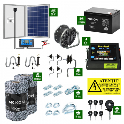 Gard Electric pentru Vaci și Oi - Pachet gard electric cu Pulsator 6,6J putere și Fir 2000m 120Kg plus Panou solar 30W și acumulator 12Ah