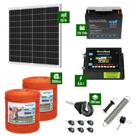 Gard Electric pentru Vaci și Oi - Pachet gard electric cu Pulsator 6,6J putere și Fir 1000m 80Kg plus Panou solar 50W și acumulator 17Ah