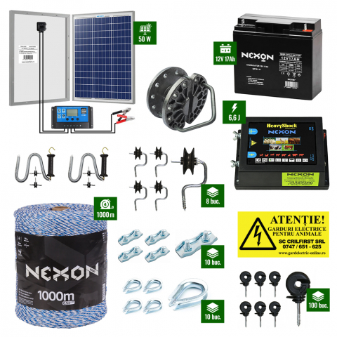 Pachet gard electric cu Pulsator 6,6J putere și Fir 1000m 90Kg plus Panou solar 50W și acumulator 17Ah