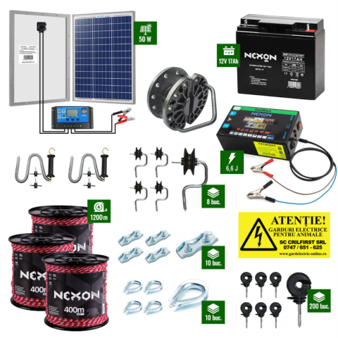 Pachet gard electric cu Pulsator 6,6J putere și Fir 1200m 300Kg plus Panou solar 50W și acumulator 17Ah