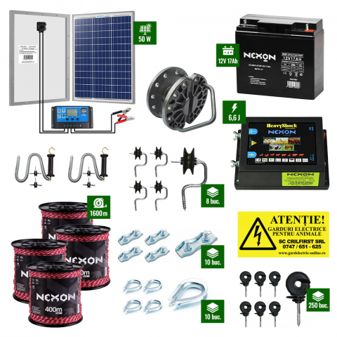 Gard Electric pentru Vaci și Oi - Pachet gard electric cu Pulsator 6,6J putere și Fir 1600m 300Kg plus Panou solar 50W și acumulator 17Ah