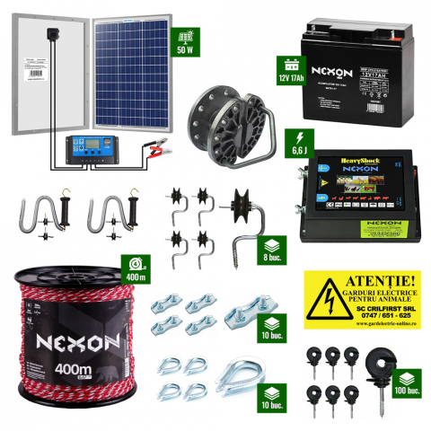 Pachete Gard electric - Pachet gard electric cu Pulsator 6,6J putere și Fir 400m 300Kg plus Panou solar 50W și acumulator 17Ah