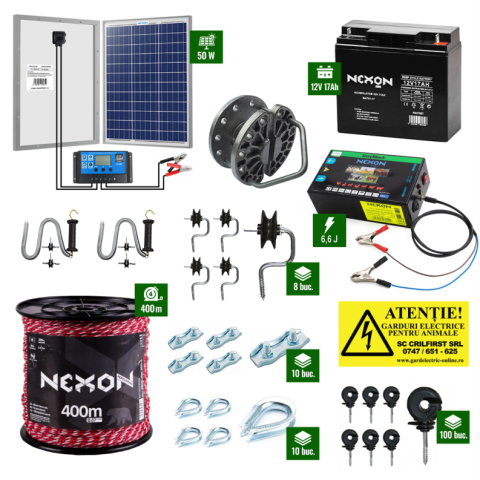Gard Electric pentru Bovine, Oi, Mistreti - Pachet gard electric cu Pulsator 6,6J putere și Fir 400m 300Kg plus Panou solar 50W și acumulator 18Ah