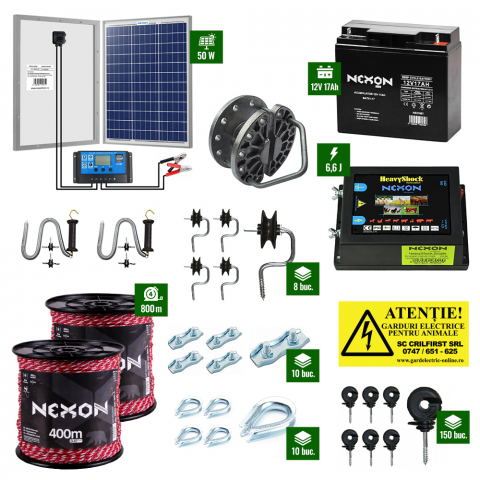 Pachete Gard electric - Pachet gard electric cu Pulsator 6,6J putere și Fir 800m 300Kg plus Panou solar 50W și acumulator 17Ah