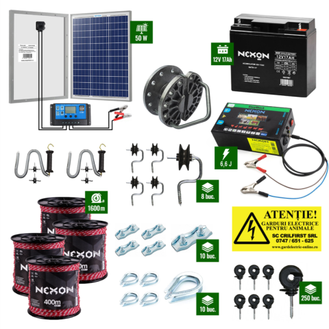 Pachete Gard electric - Pachet gard electric cu Pulsator 6,6J putere și Fir 800m 300Kg plus Panou solar 50W și acumulator 17Ah