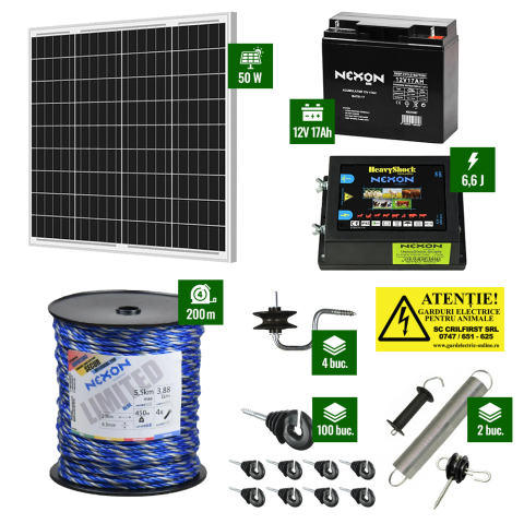 Gard Electric pentru Bovine, Oi, Mistreti - Pachet gard electric cu Pulsator 6,6J putere și Frânghie 200m 450Kg plus Panou solar 50W și acumulator 17Ah