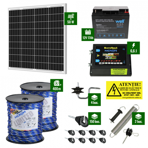 Gard Electric pentru Vaci și Oi - Pachet gard electric cu Pulsator 6,6J putere și Frânghie 400m 450Kg plus Panou solar 50W și acumulator 17Ah