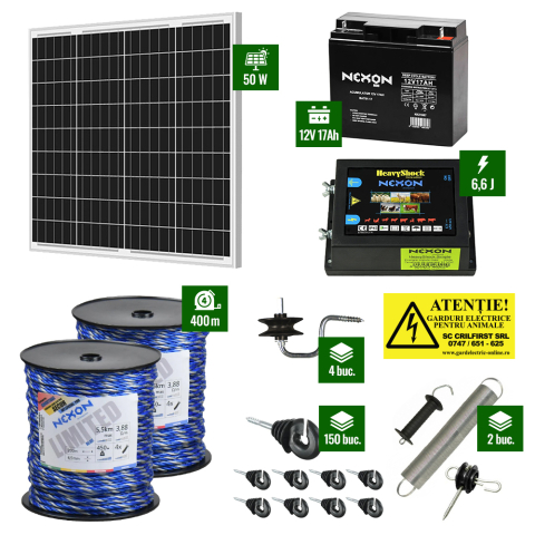 Gard Electric pentru Bovine, Oi, Mistreti - Pachet gard electric cu Pulsator 6,6J putere și Frânghie 400m 450Kg plus Panou solar 50W și acumulator 17Ah