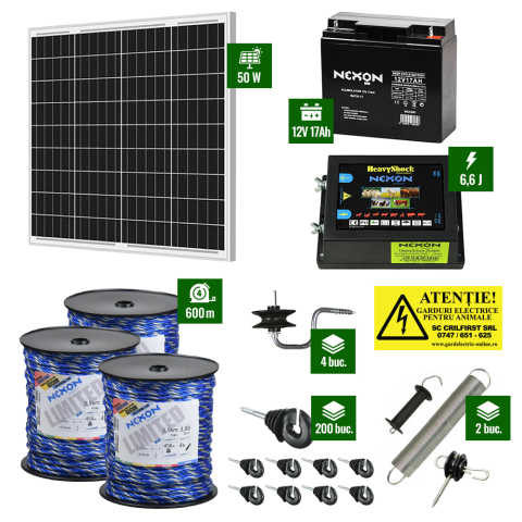 Gard Electric pentru Bovine, Oi, Mistreti - Pachet gard electric cu Pulsator 6,6J putere și Frânghie 600m 450Kg plus Panou solar 50W și acumulator 17Ah