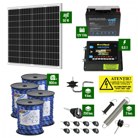 Gard Electric pentru Vaci și Oi - Pachet gard electric cu Pulsator 6,6J putere și Frânghie 800m 450Kg plus Panou solar 50W și acumulator 17Ah