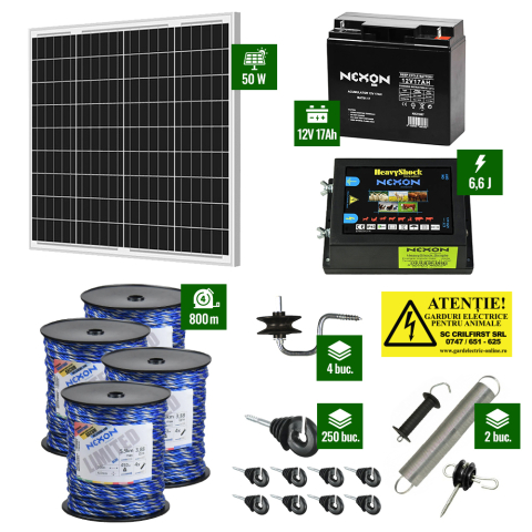 Gard Electric pentru Bovine, Oi, Mistreti - Pachet gard electric cu Pulsator 6,6J putere și Frânghie 800m 450Kg plus Panou solar 50W și acumulator 17Ah