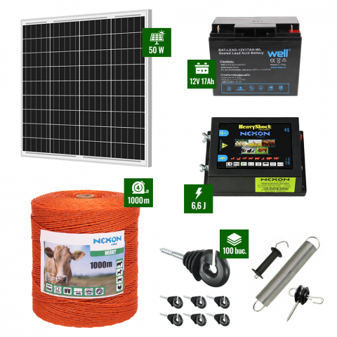 Pachete Gard electric - Pachet gard electric cu Pulsator 6,6J putere și Fir 1000m 80Kg plus Panou solar 50W și acumulator 17Ah