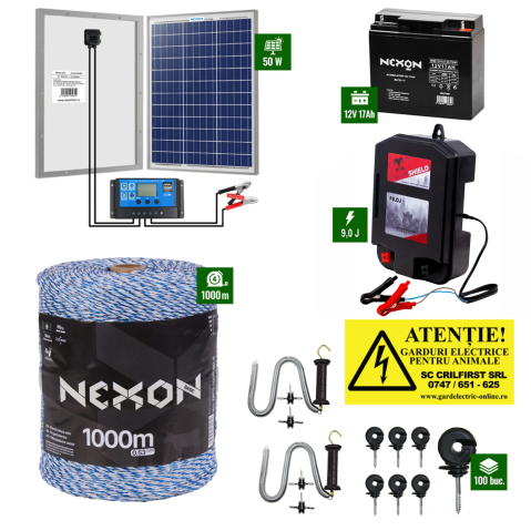 Gard electric pentru Animale sălbatice - Pachet Gard Electric DALTOR 9J cu 1000m fir albastru 90kg, Panou Solar 50W cu regulator, Acumulator 18Ah