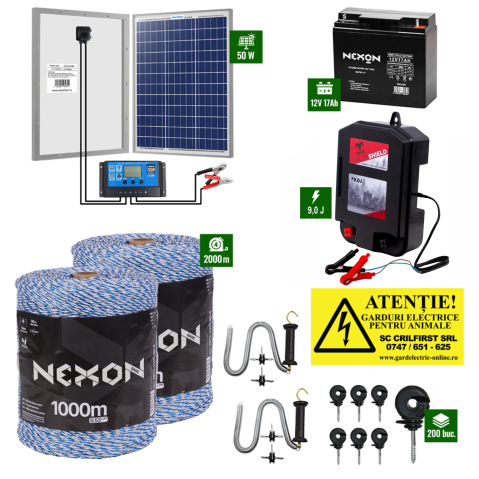 Gard electric pentru Animale sălbatice - Pachet Gard Electric DALTOR 9J cu 2000m fir albastru 90kg, Panou Solar 50W cu regulator, Acumulator 18Ah