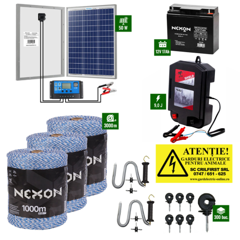 Gard electric pentru Animale sălbatice - Pachet Gard Electric DALTOR 9J cu 3000m fir albastru 90kg, Panou Solar 50W cu regulator, Acumulator 18Ah