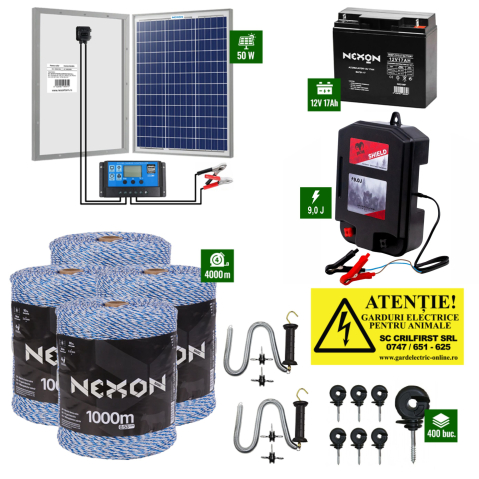 Gard electric pentru Animale sălbatice - Pachet Gard Electric DALTOR 9J cu 4000m fir albastru 90kg, Panou Solar 50W cu regulator, Acumulator 18Ah