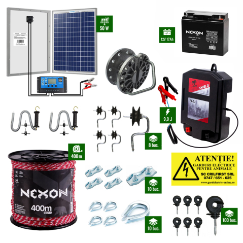Pachete Gard electric - Pachet gard electric DALTOR 9J cu panou solar 50W și acumulator - fir 400 m cu rezistență 300Kg