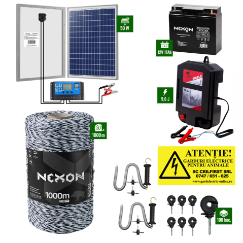 Gard Electric pentru Vaci și Oi - Pachet Gard Electric Daltor 9J + Fir 1000m 120Kg + Panou 50W cu regulator + Acumulator 18Ah