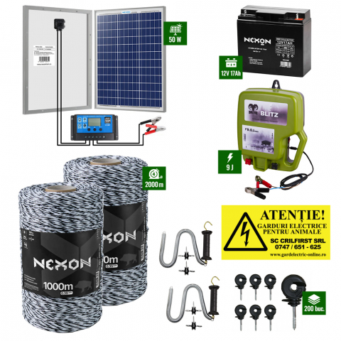 Gard Electric pentru Vaci și Oi - Pachet Gard Electric Daltor 9J + Fir 2000m 120Kg + Panou 50W cu regulator + Acumulator 17Ah