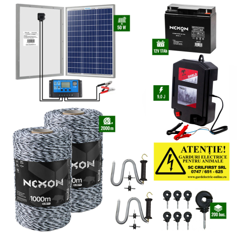 Gard electric pentru Animale sălbatice - Pachet Gard Electric Daltor 9J + Fir 2000m 120Kg + Panou 50W cu regulator + Acumulator 18Ah