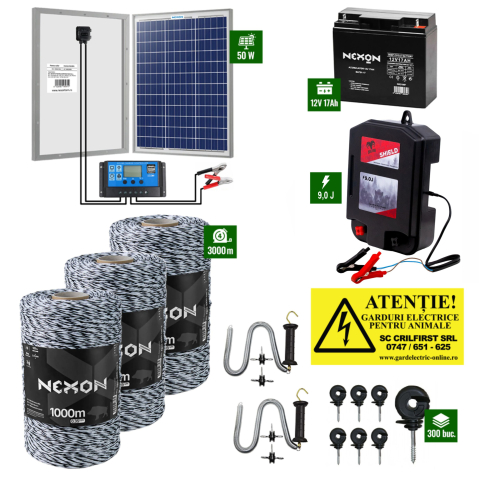 Gard electric pentru Animale sălbatice - Pachet Gard Electric Daltor 9J + Fir 3000m 120Kg + Panou 50W cu regulator + Acumulator 18Ah