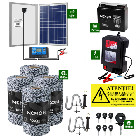 Gard electric pentru Animale sălbatice - Pachet Gard Electric Daltor 9J + Fir 4000m 120Kg + Panou 50W cu regulator + Acumulator 18Ah