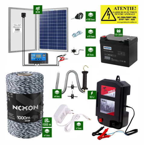 Pachete Gard electric - Pachet gard electric DALTOR Shield 9J – 1000m fir, rezistență 120Kg, panou solar 50W + acumulator 30Ah
