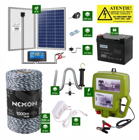 Gard Electric pentru Vaci și Oi - Pachet gard electric DALTOR Blitz 9J – 2000m fir, rezistență 120Kg, panou solar 50W + acumulator 30Ah
