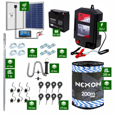 Pachete Gard electric - Pachet Gard Electric DALTOR Shield 9J cu frânghie 200m, rezistență la rupere 600KG, cu Panou solar și Acumulator 18Ah