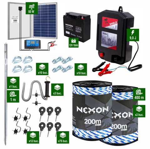 Gard electric pentru Animale sălbatice - Pachet Gard Electric DALTOR Shield 9J cu frânghie 400m, rezistență la rupere 600KG, cu Panou solar și Acumulator 18Ah