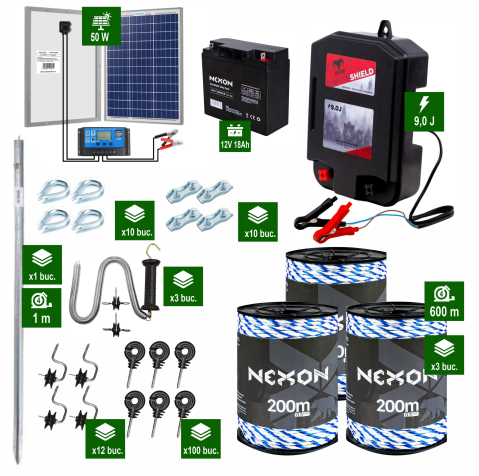 Gard electric pentru Animale sălbatice - Pachet Gard Electric DALTOR Shield 9J cu frânghie 600m, rezistență la rupere 600KG, cu Panou solar și Acumulator 18Ah