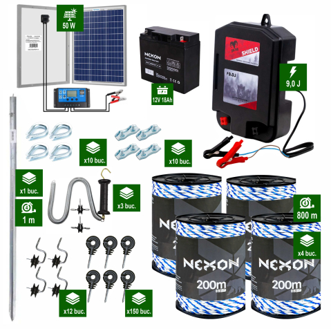 Gard electric pentru Animale sălbatice - Pachet Gard Electric DALTOR Shield 9J cu frânghie 800m, rezistență la rupere 600KG, cu Panou solar și Acumulator 18Ah