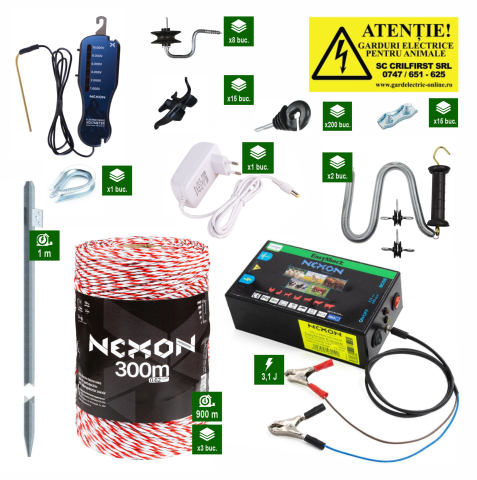 Gard electric pentru Cai, Câini, Capre, Vaci, Porci - Pachet gard electric NEXON EasyShock 3,1J – 900m fir, 110Kg rezistență la rupere