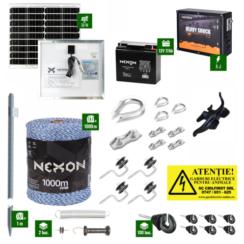 Pachet gard electric NEXON Heavyshock 5J putere Generația6 + Fir 1000m 90KG + Acumulator 18Ah + Panou Solar 20W Gard electric pentru Cai, Câini, Capre, Vaci, Porci - Pachet gard electric NEXON Heavyshock 5J putere Generația6 + Fir 1000m 90KG + Acumulator 18Ah + Panou Solar 20W