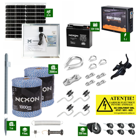 Pachet gard electric NEXON Heavyshock 5J putere Generația6 + Fir 2000m 90KG + Acumulator 18Ah + Panou Solar 20W Gard electric pentru Cai, Câini, Capre, Vaci, Porci - Pachet gard electric NEXON Heavyshock 5J putere Generația6 + Fir 2000m 90KG + Acumulator 18Ah + Panou Solar 20W