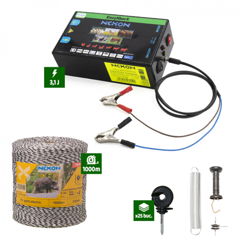 Gard electric pentru Cai, Câini, Capre, Vaci, Porci - Pachet Gard electric Nexon pentru Animale 3,1J putere plus 1000m de fir 130kg cu 6 lițe
