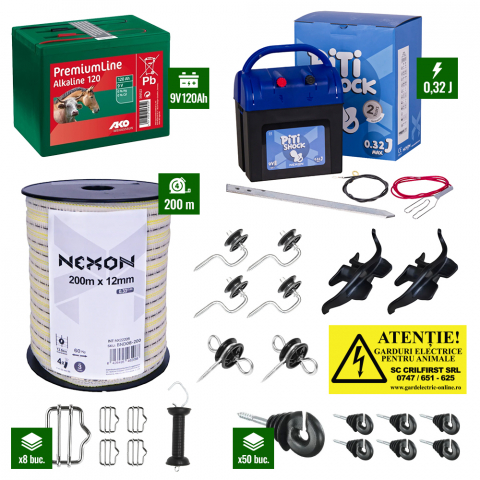 Pachete Gard electric - Pachet gard electric NEXON PitiShock 0.32J, banda 200m + Baterie 9V + accesorii